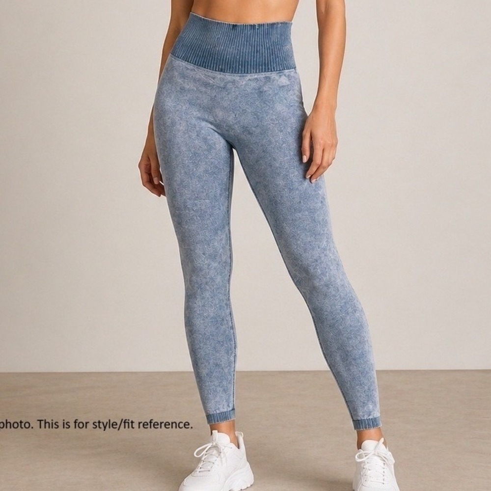 POPFLEX Womens High Waisted Seamless Acid Wash Ribbed Leggings Blue XS